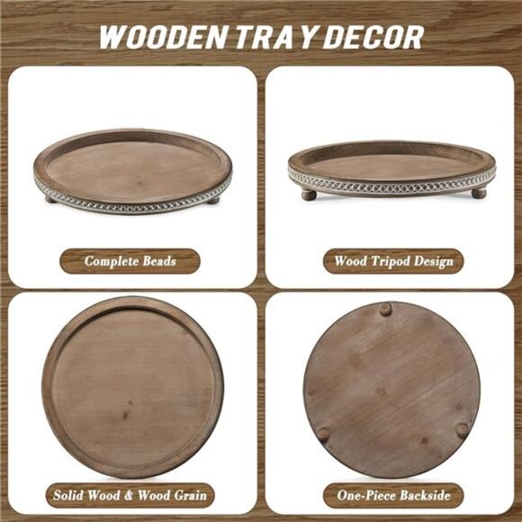 Handmade Wooden Serving Tray, Small Beaded Coffee Table Tray Decor, Warm Brown - Picture 6 of 7